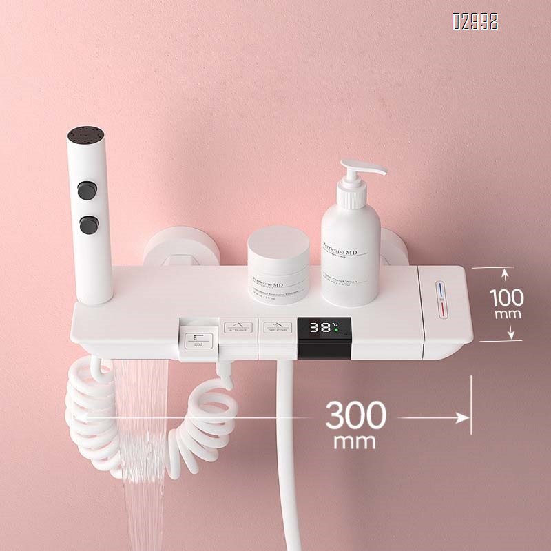 Full Brass elegant white piano key waterfall style simple shower set bathroom constant temperature digital display separate lift shower set