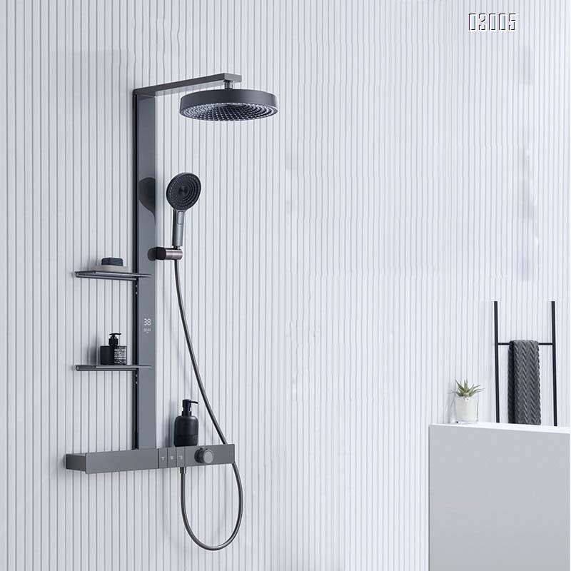 All-Brass gunmetal gray mirror rain multi-functional constant temperature digital display shower pressure spray set with a home luxury large storage rack