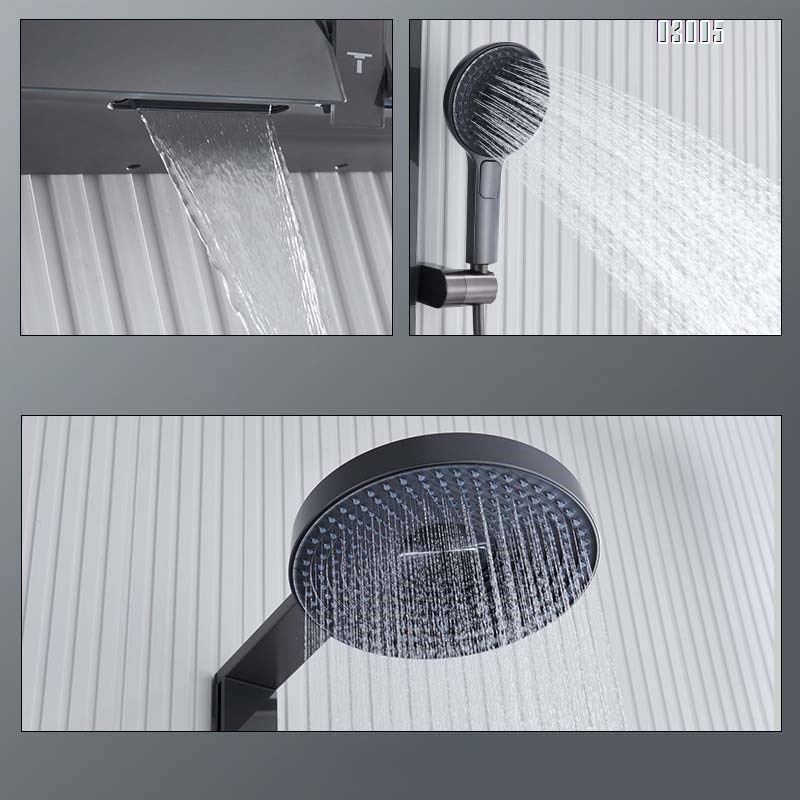 All-Brass gunmetal gray mirror rain multi-functional constant temperature digital display shower pressure spray set with a home luxury large storage rack