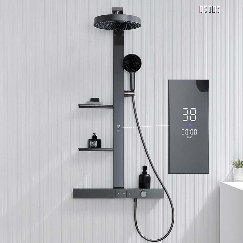 All-Brass gunmetal gray mirror rain multi-functional constant temperature digital display shower pressure spray set with a home luxury large storage rack