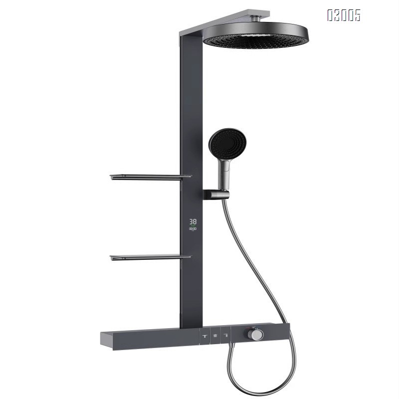 All-Brass gunmetal gray mirror rain multi-functional constant temperature digital display shower pressure spray set with a home luxury large storage rack