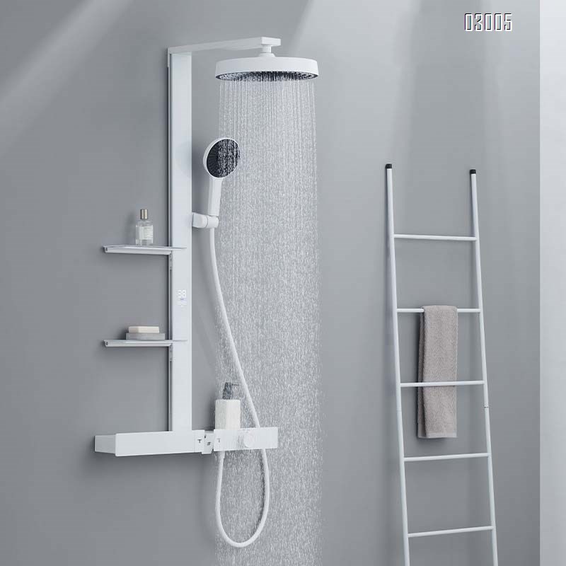 All-Brass gunmetal gray mirror rain multi-functional constant temperature digital display shower pressure spray set with a home luxury large storage rack