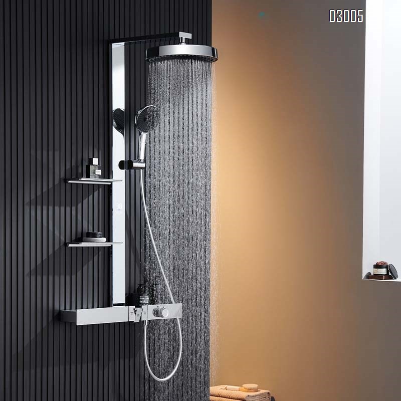 All-Brass gunmetal gray mirror rain multi-functional constant temperature digital display shower pressure spray set with a home luxury large storage rack