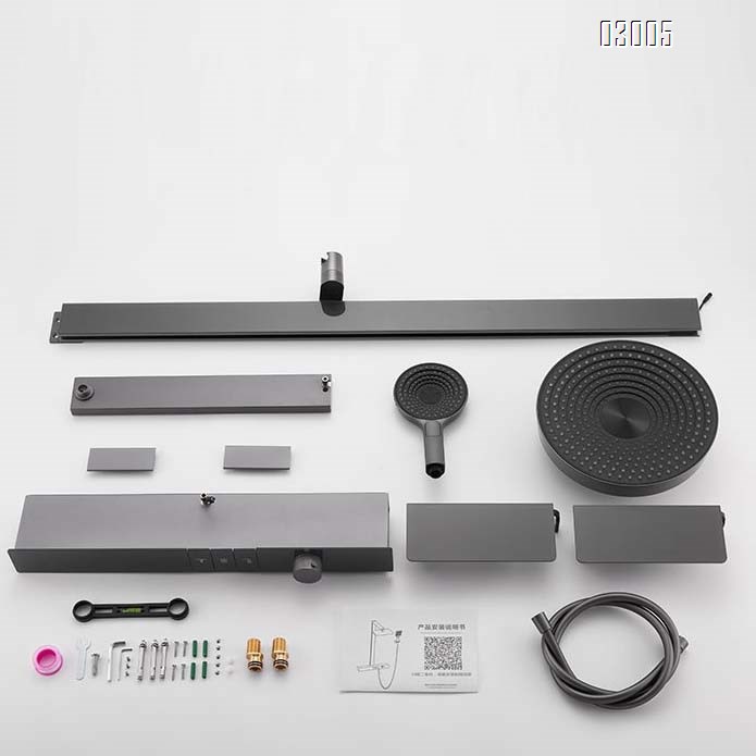 All-Brass gunmetal gray mirror rain multi-functional constant temperature digital display shower pressure spray set with a home luxury large storage rack