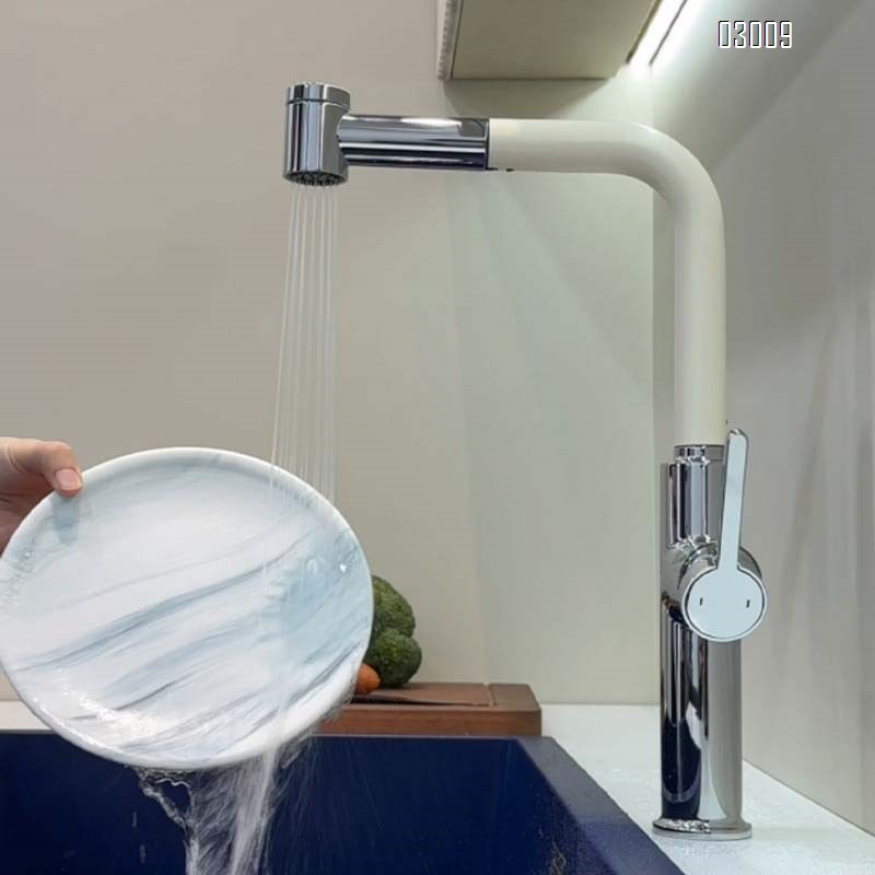 All-Brass color-matching style pull-out cold and hot water faucet  milky white kitchen sink anti-splash faucet for washing vegetables
