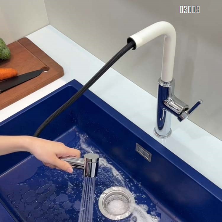 All-Brass color-matching style pull-out cold and hot water faucet  milky white kitchen sink anti-splash faucet for washing vegetables