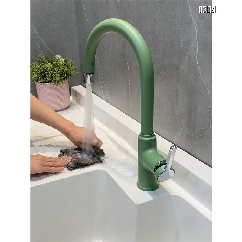 creative green pull-down and retractable faucet with cold and hot water for bathroom with high under-counter and above-counter wash basin