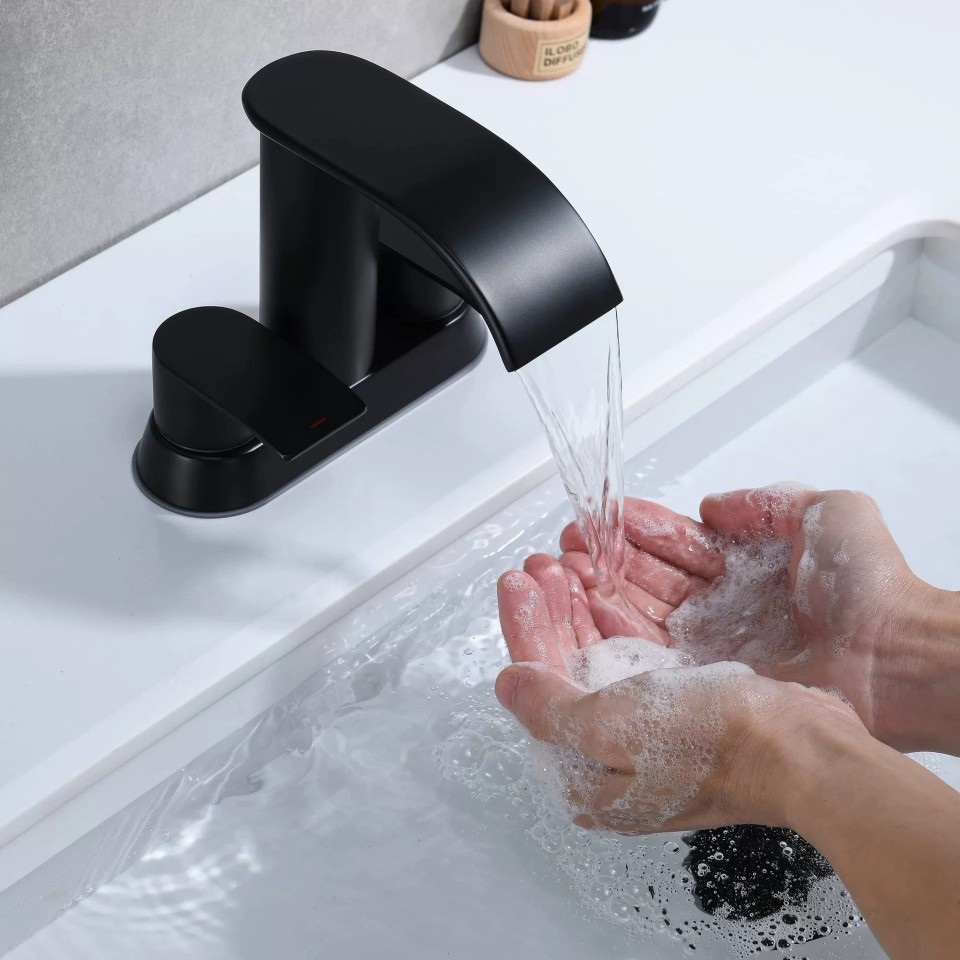 Brass Bathroom wash bathroom Waterfall basin faucet 4 inch double handle basin  three hole cold and hot water Separate faucet