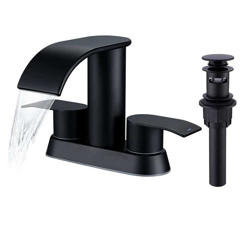 Brass Bathroom wash bathroom Waterfall basin faucet 4 inch double handle basin  three hole cold and hot water Separate faucet