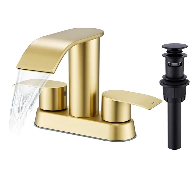 Brass Bathroom wash bathroom Waterfall basin faucet 4 inch double handle basin  three hole cold and hot water Separate faucet
