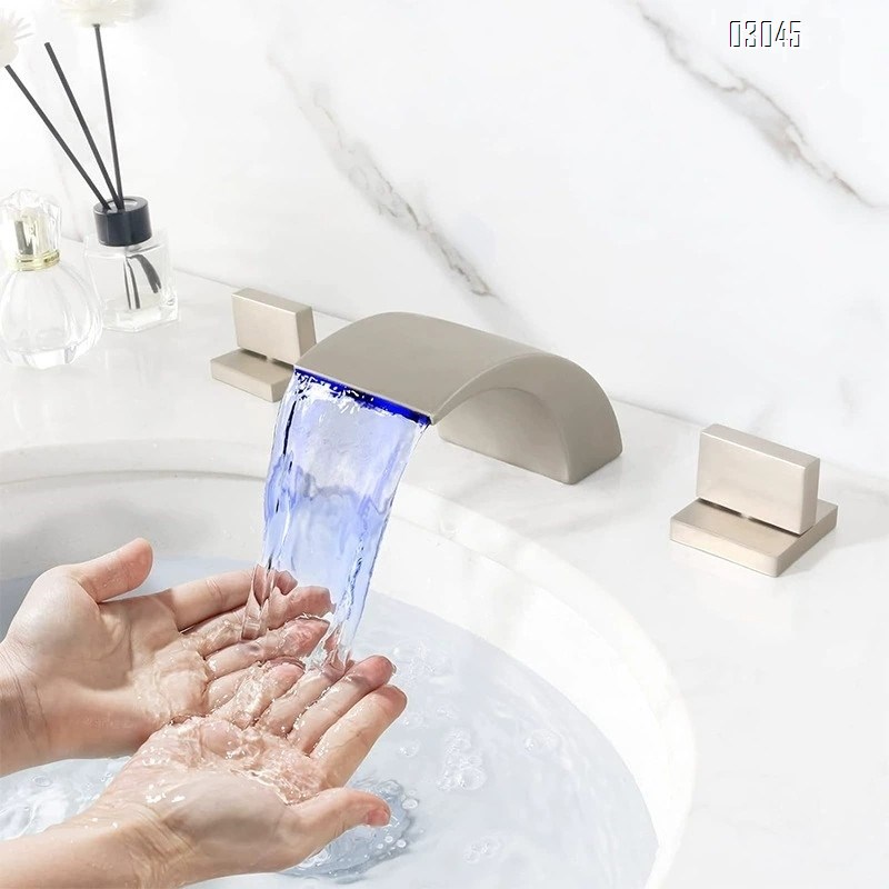 Brass LED Waterfall Basin Faucet with Dual Controls for Hot and Cold Water for Bathroom Vanity and Sink for Bathtub