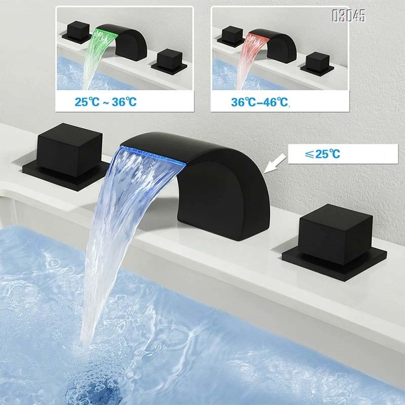 Brass LED Waterfall Basin Faucet with Dual Controls for Hot and Cold Water for Bathroom Vanity and Sink for Bathtub