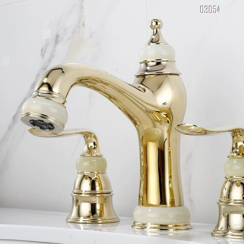 Golden bathroom sink faucet brass accessories jade stone accessories handle faucet cold and hot switch beauty