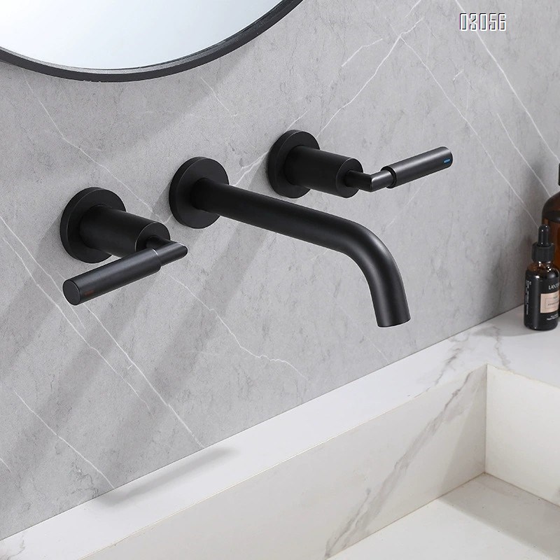 Brass Wall-mounted basin faucet with double handle switch; European embedded concealed faucet with cold and hot water dual opening