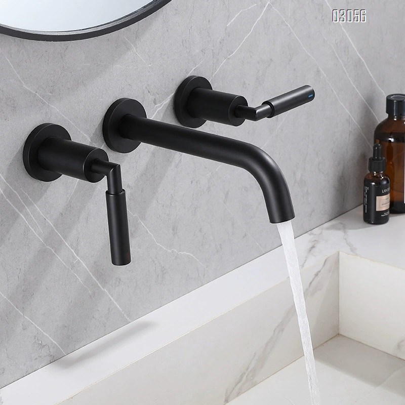 Brass Wall-mounted basin faucet with double handle switch; European embedded concealed faucet with cold and hot water dual opening