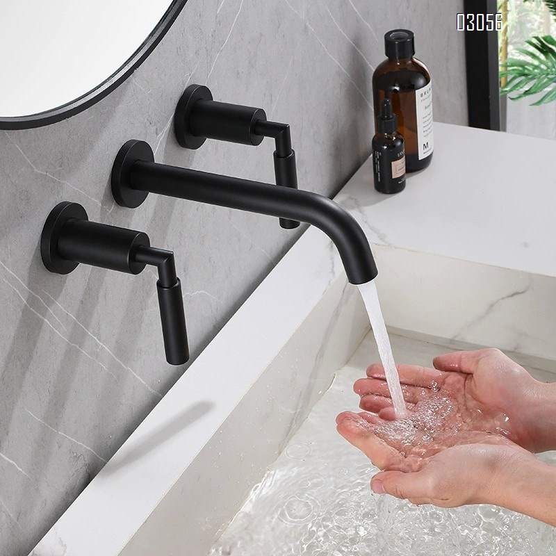 Brass Wall-mounted basin faucet with double handle switch; European embedded concealed faucet with cold and hot water dual opening