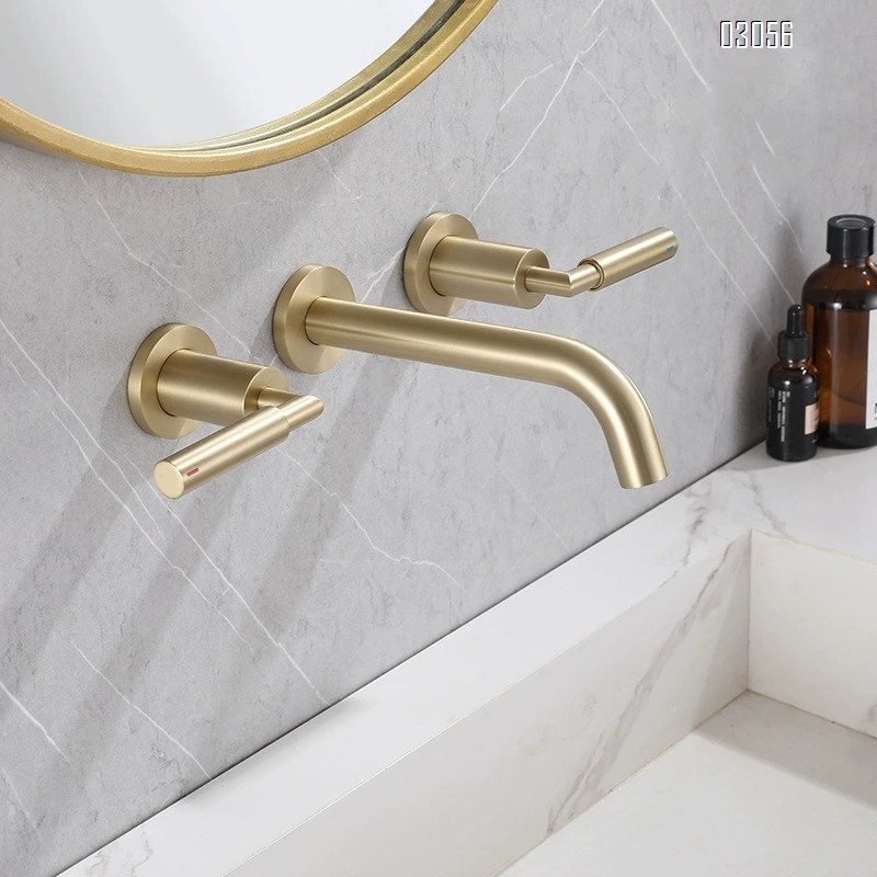 Brass Wall-mounted basin faucet with double handle switch; European embedded concealed faucet with cold and hot water dual opening