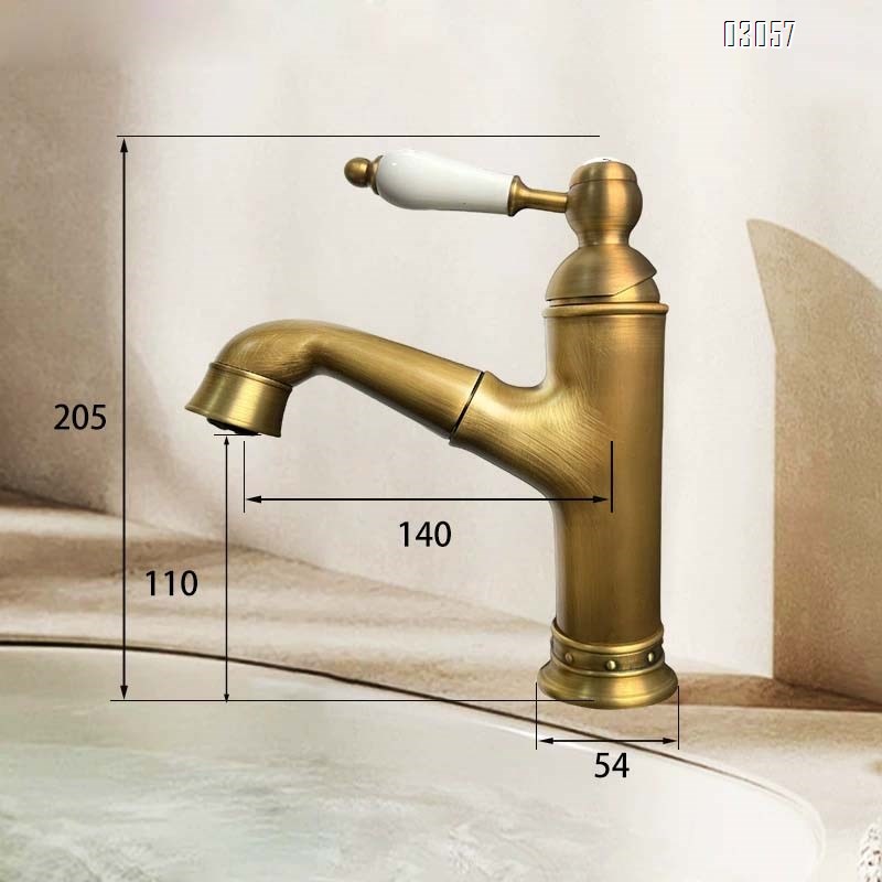 French vintage full Brass pull-out wash basin faucet under-counter basin cold and hot single hole faucet bathroom cabinet