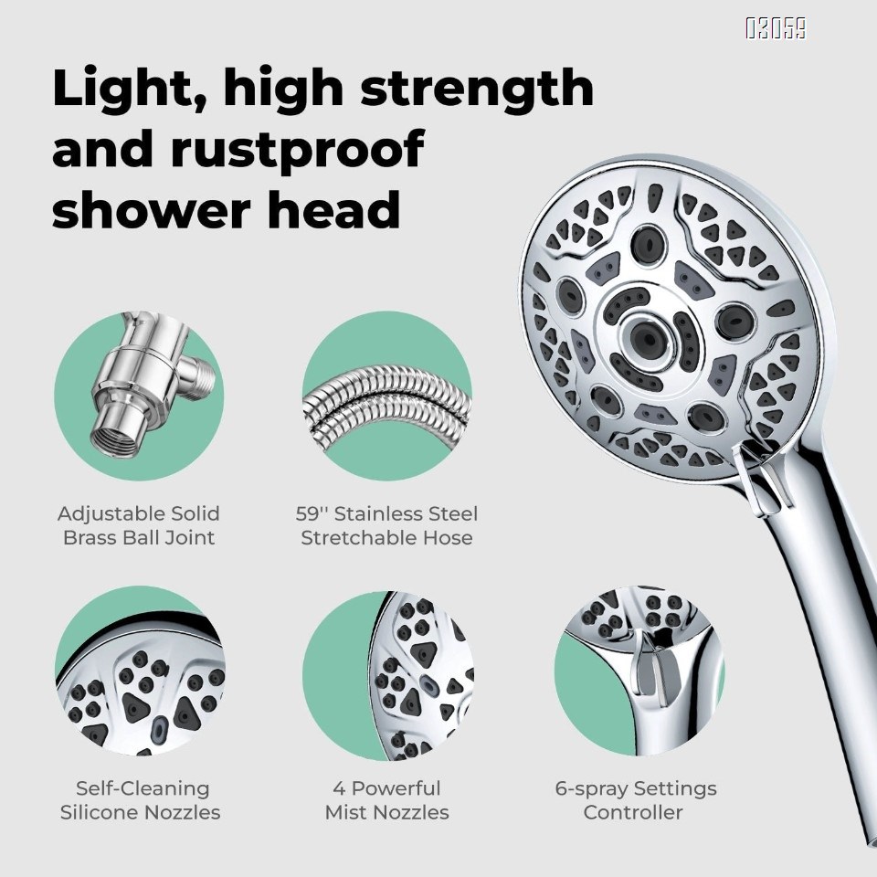 High Pressure Handheld Shower Head with Anti-clog Nozzles,59'' Stainless Hose and Adjustable Bracket ,Chrome