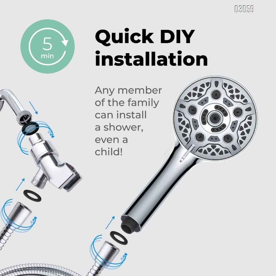 High Pressure Handheld Shower Head with Anti-clog Nozzles,59'' Stainless Hose and Adjustable Bracket ,Chrome