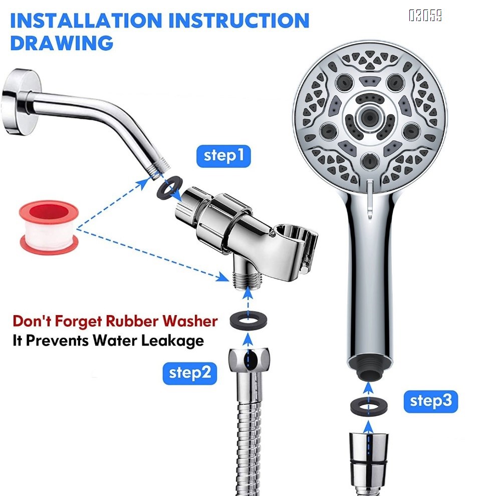 High Pressure Handheld Shower Head with Anti-clog Nozzles,59'' Stainless Hose and Adjustable Bracket ,Chrome