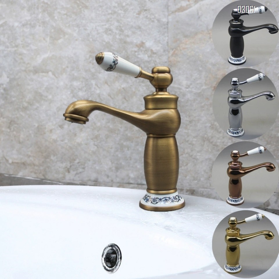 Antique brass bathroom sink basin cold and hot water faucet black and gold blue and white porcelain bathroom wash basin single hole faucet