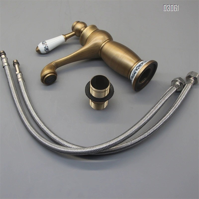 Antique brass bathroom sink basin cold and hot water faucet black and gold blue and white porcelain bathroom wash basin single hole faucet