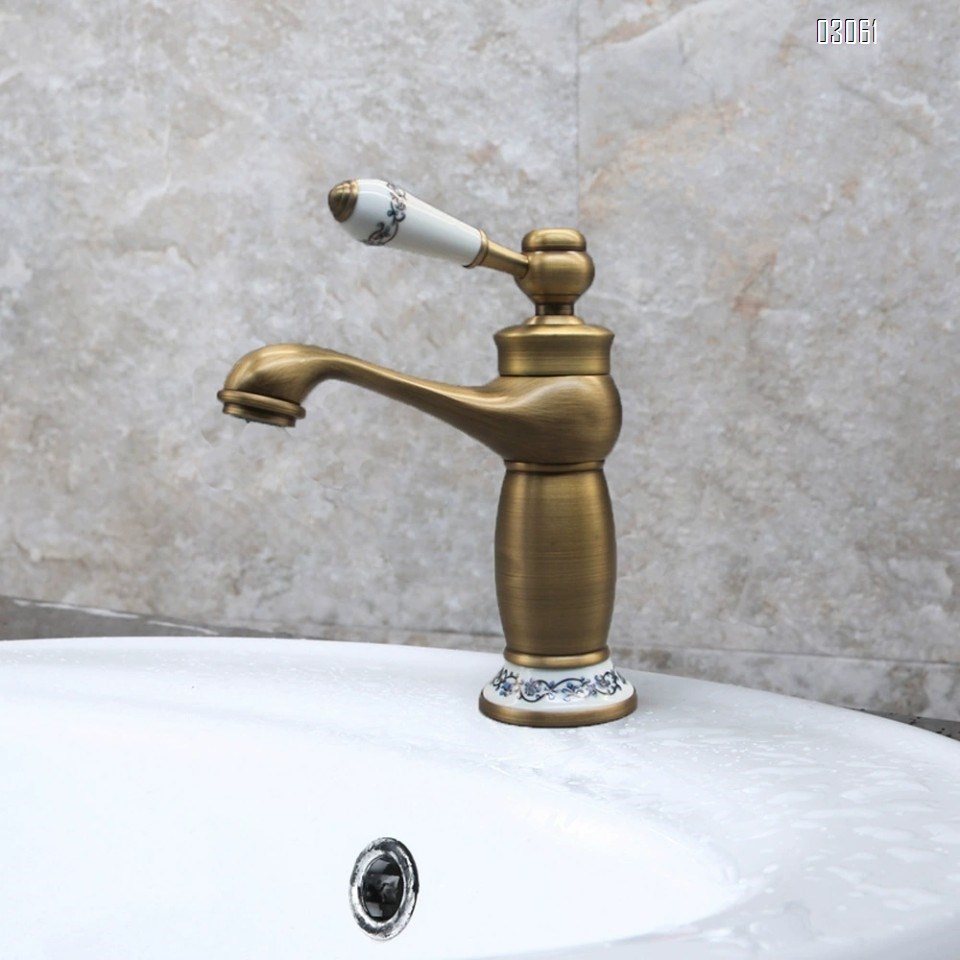Antique brass bathroom sink basin cold and hot water faucet black and gold blue and white porcelain bathroom wash basin single hole faucet