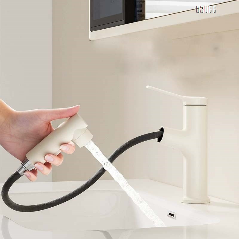 Brass Cream white countertop bathroom basin faucets with pull-out cold and hot water faucet rotatable wash basin faucet popular faucet