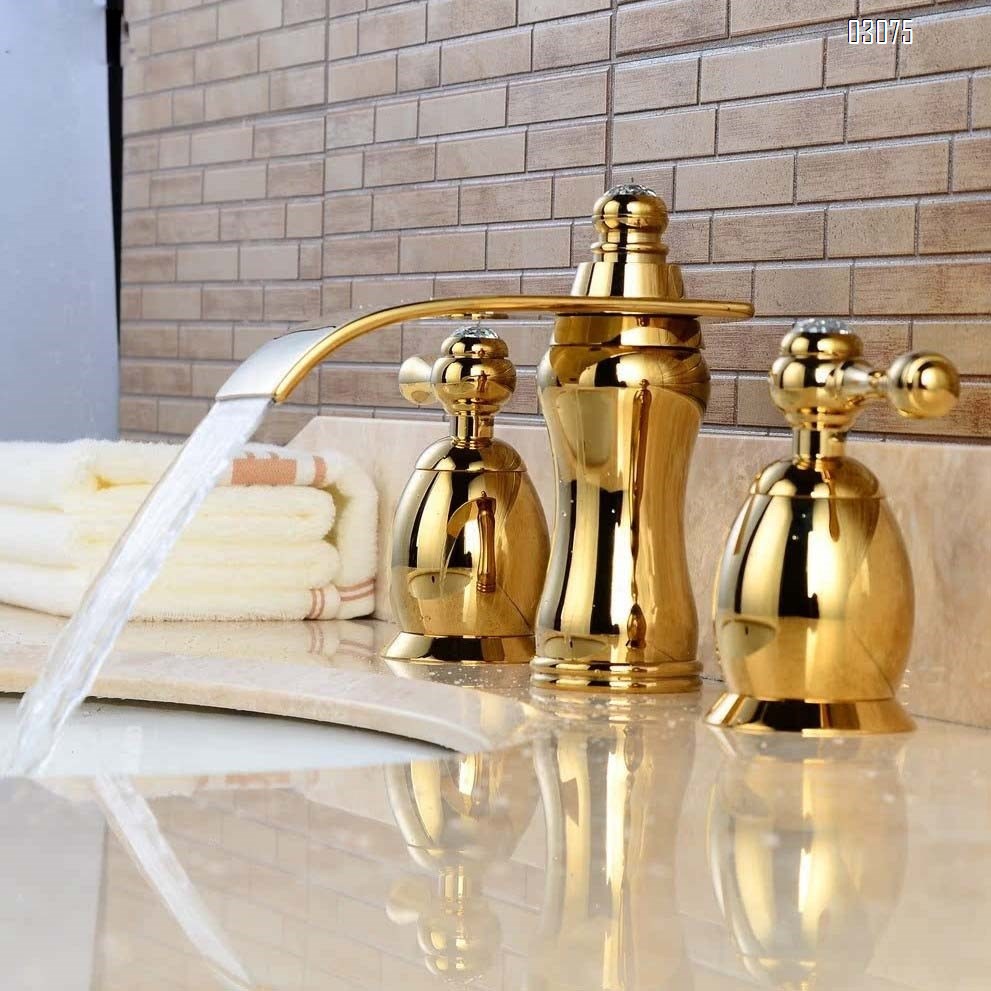 Three-hole Separate bathroom sink basin faucet waterfall style water outlet all-Brass Cold and Hot water faucet