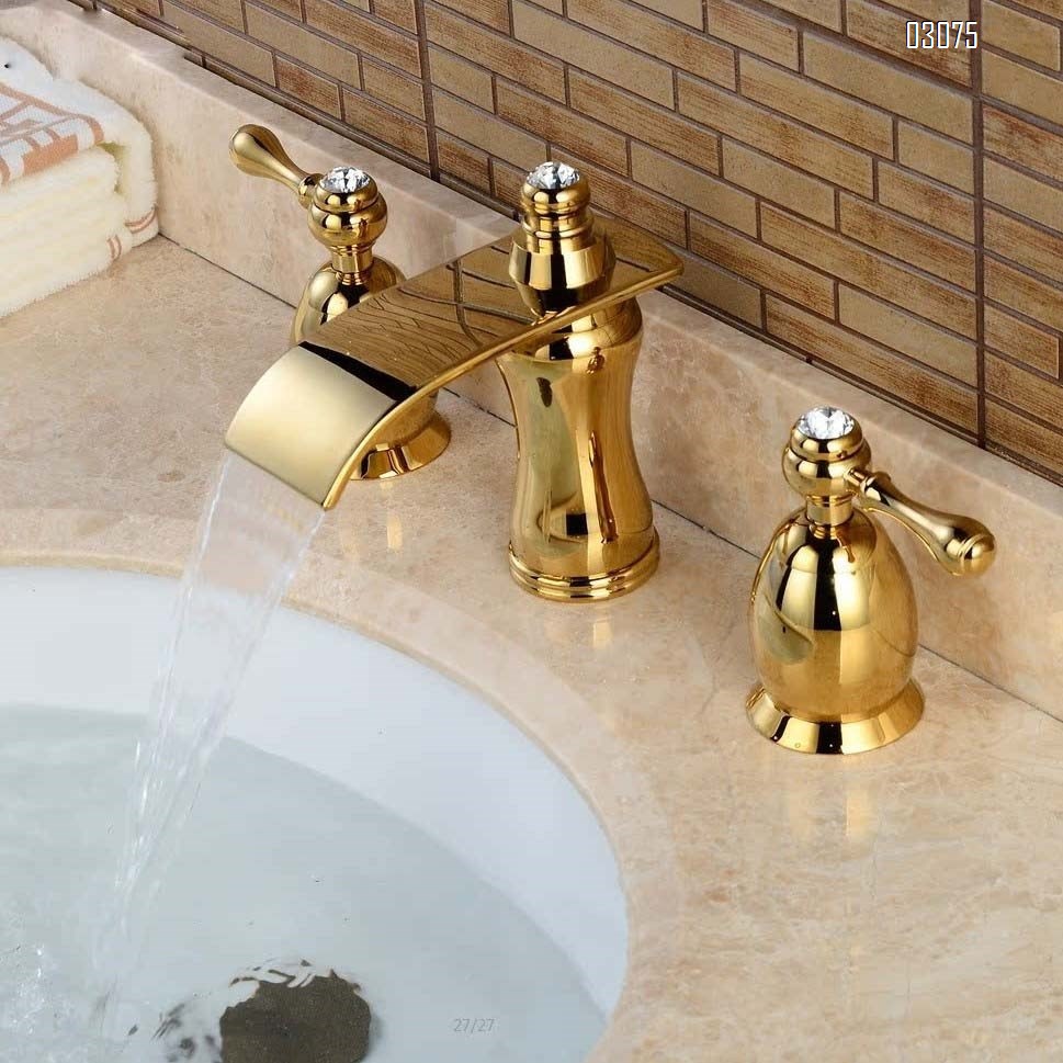 Three-hole Separate bathroom sink basin faucet waterfall style water outlet all-Brass Cold and Hot water faucet