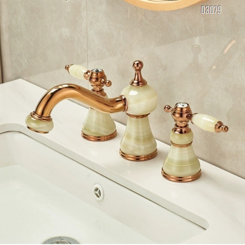 European rose gold Brass coffee net jade stone green yellow jade separate three-hole Separate eight-inch medium hole wash basin faucet