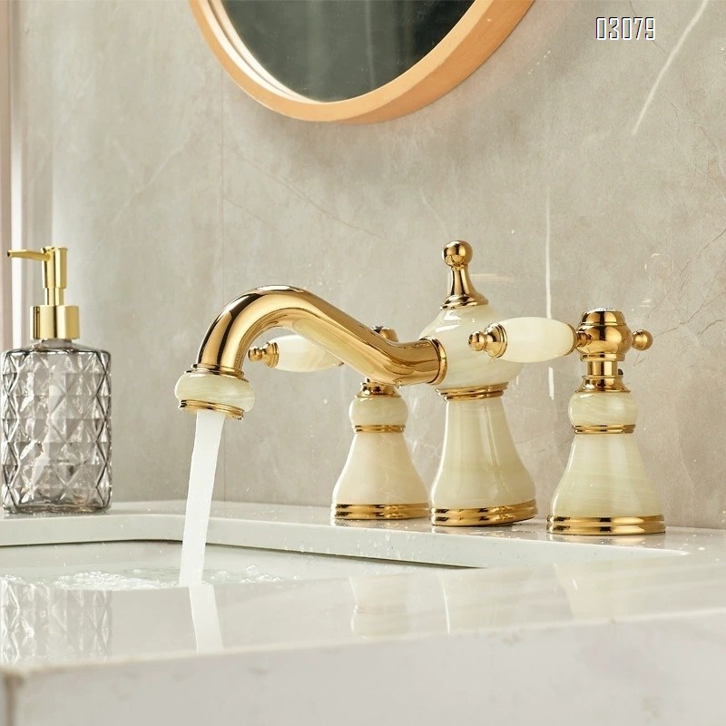 European rose gold Brass coffee net jade stone green yellow jade separate three-hole Separate eight-inch medium hole wash basin faucet
