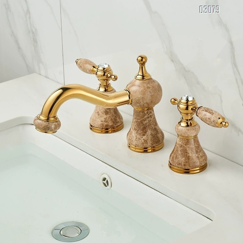 European rose gold Brass coffee net jade stone green yellow jade separate three-hole Separate eight-inch medium hole wash basin faucet