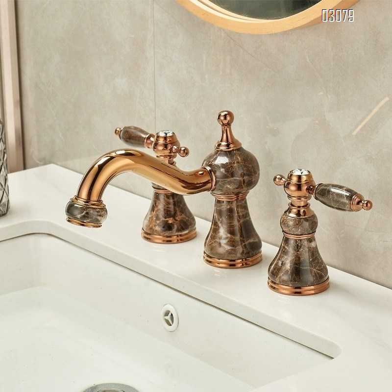 European rose gold Brass coffee net jade stone green yellow jade separate three-hole Separate eight-inch medium hole wash basin faucet