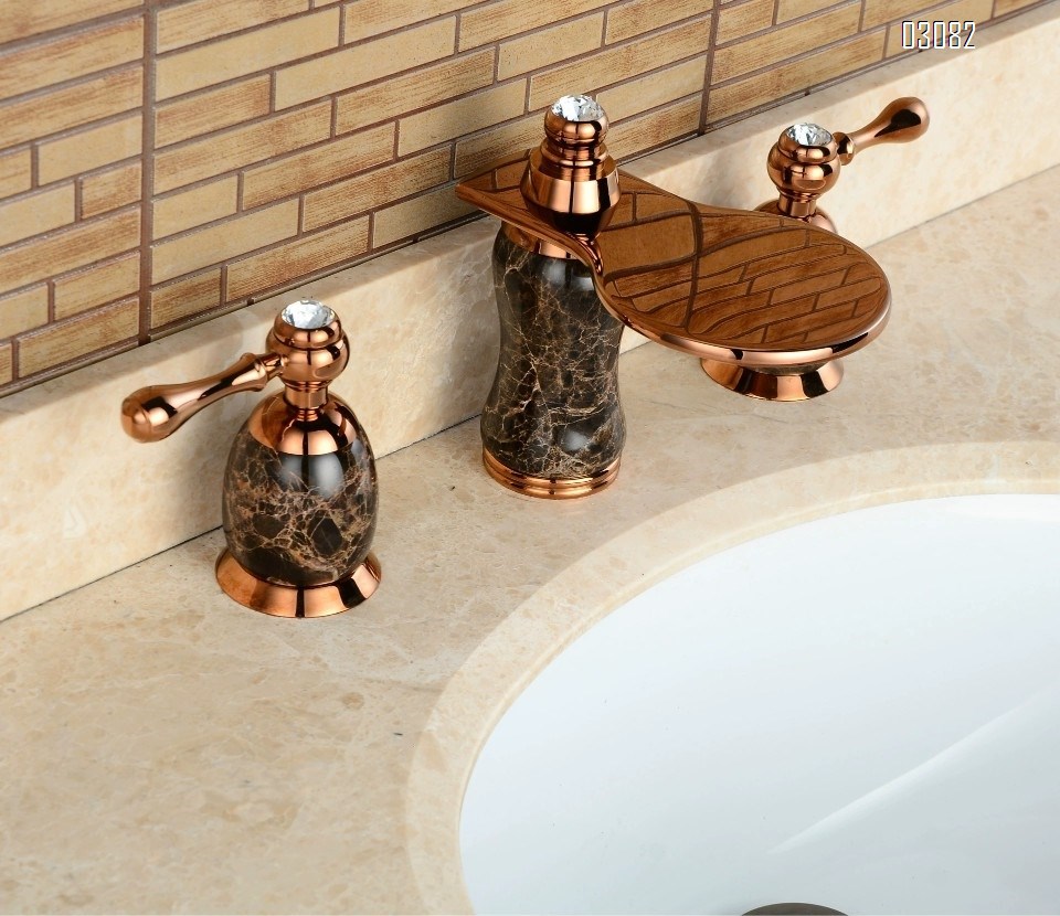 Rose gold Brass waterfall outlet   coffee net jade stone separate three-hole eight-inch medium hole wash basin faucet