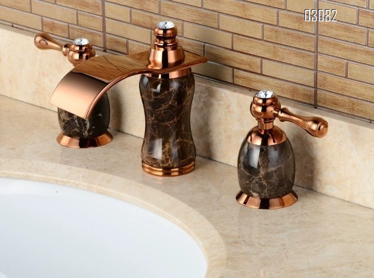 Rose gold Brass waterfall outlet   coffee net jade stone separate three-hole eight-inch medium hole wash basin faucet