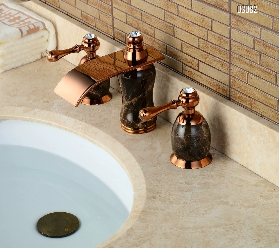 Rose gold Brass waterfall outlet   coffee net jade stone separate three-hole eight-inch medium hole wash basin faucet