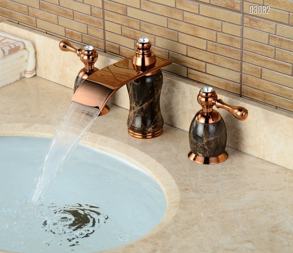 Rose gold Brass waterfall outlet   coffee net jade stone separate three-hole eight-inch medium hole wash basin faucet