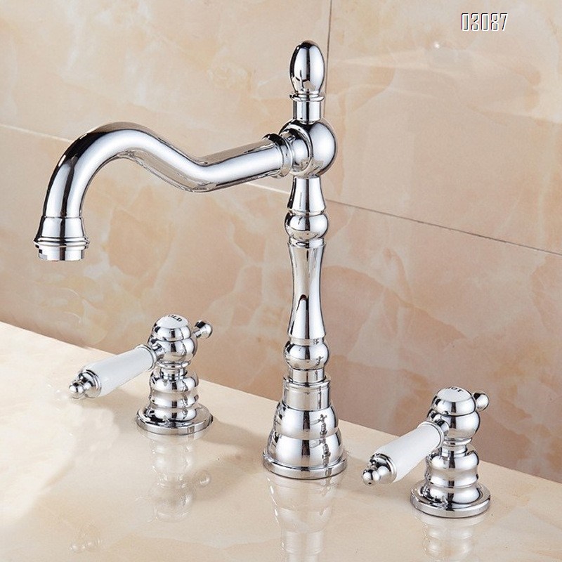 Ceramic handle double handle faucet bamboo segment separate eight inches three hole three piece set washbasin faucet outlet rotated