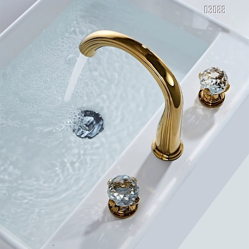 Golden brass crystal ball knob wash basin bathroom cold and hot mixing faucet three-hole separate Faucets