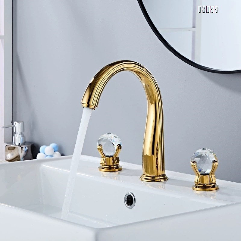 Golden brass crystal ball knob wash basin bathroom cold and hot mixing faucet three-hole separate Faucets