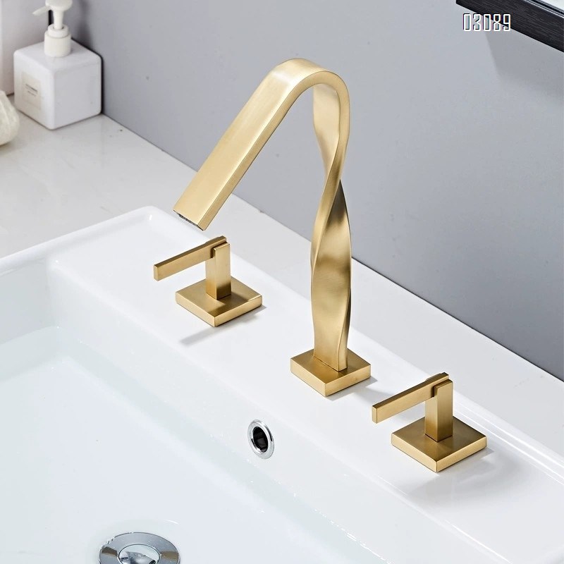 Brass wash basin bathroom faucet with cold and hot water mixing valve three-hole separate square faucet