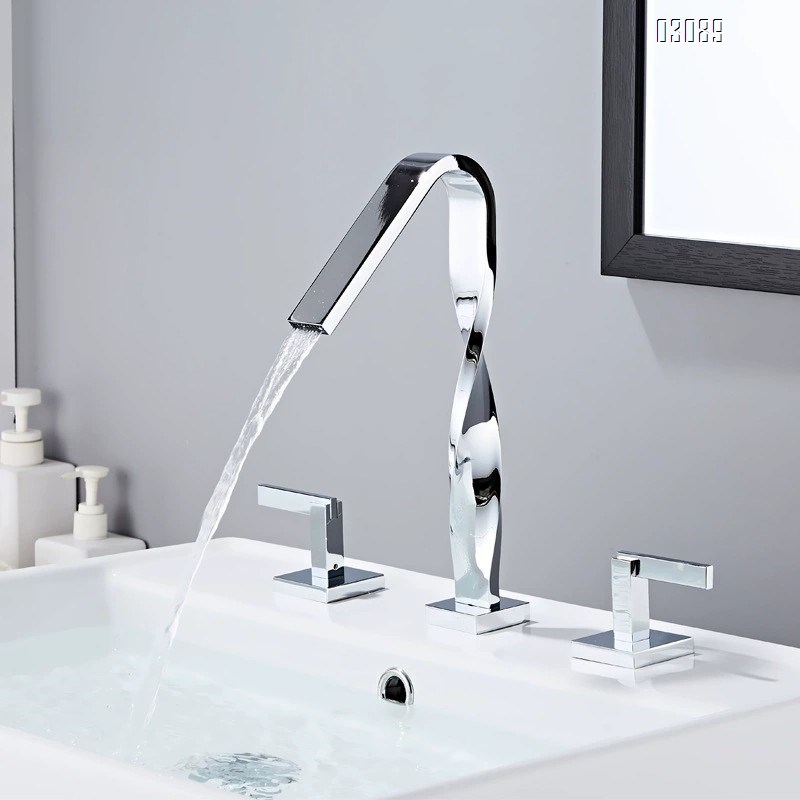 Brass wash basin bathroom faucet with cold and hot water mixing valve three-hole separate square faucet