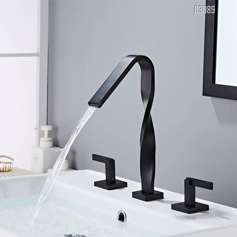 Brass wash basin bathroom faucet with cold and hot water mixing valve three-hole separate square faucet