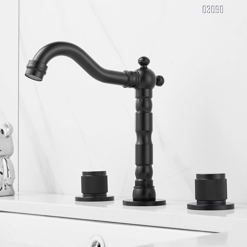 Brass Chrome plated black gold three-hole vertical three-piece basin separate cold and hot water faucet 7-shaped 360 degree rotation