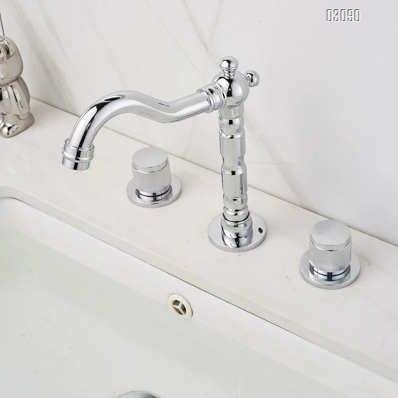 Brass Chrome plated black gold three-hole vertical three-piece basin separate cold and hot water faucet 7-shaped 360 degree rotation