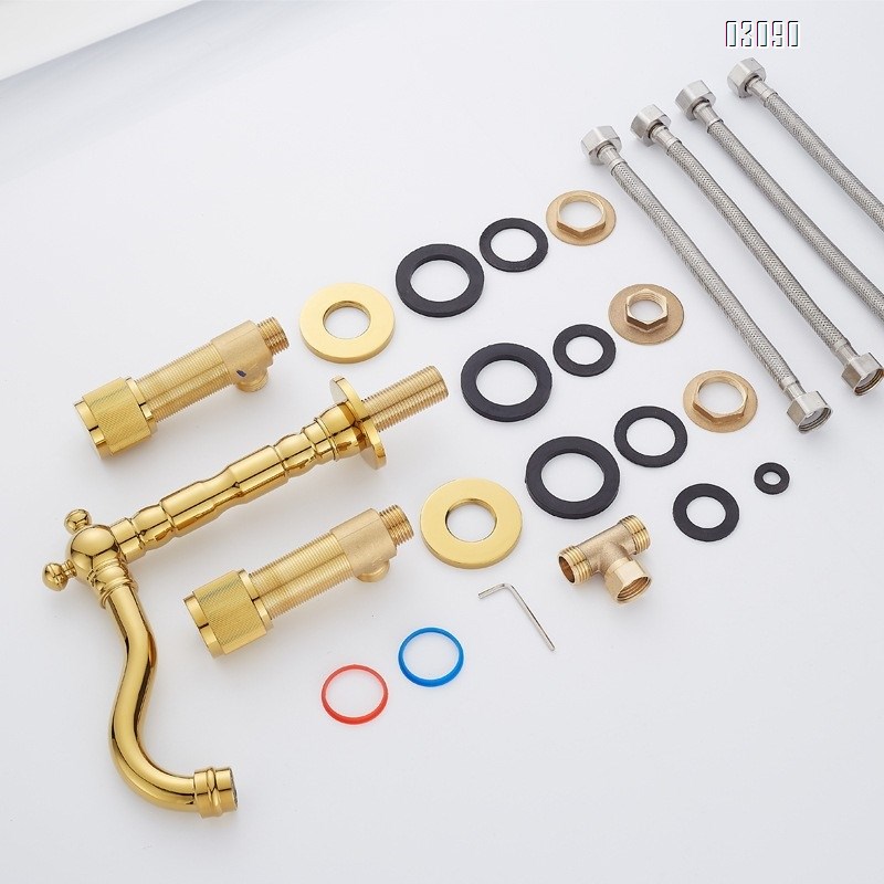 Brass Chrome plated black gold three-hole vertical three-piece basin separate cold and hot water faucet 7-shaped 360 degree rotation