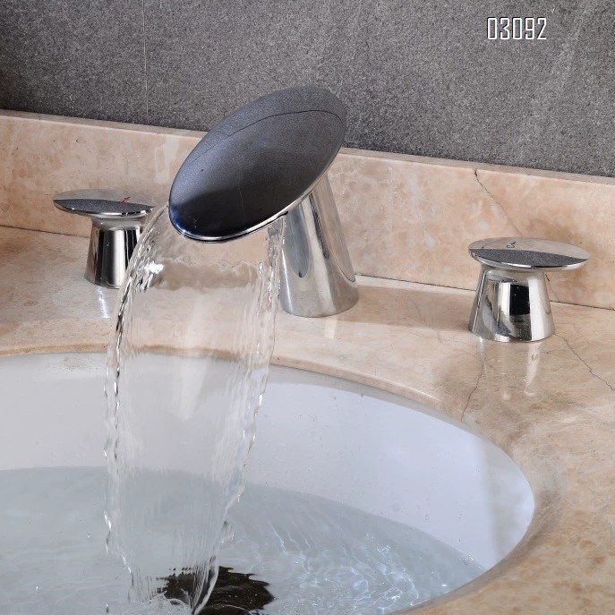 Brass Three-Hole separate basin faucet with 8.3 cm holes in the waterfall style Cold and Hot water bathroom sink Faucets