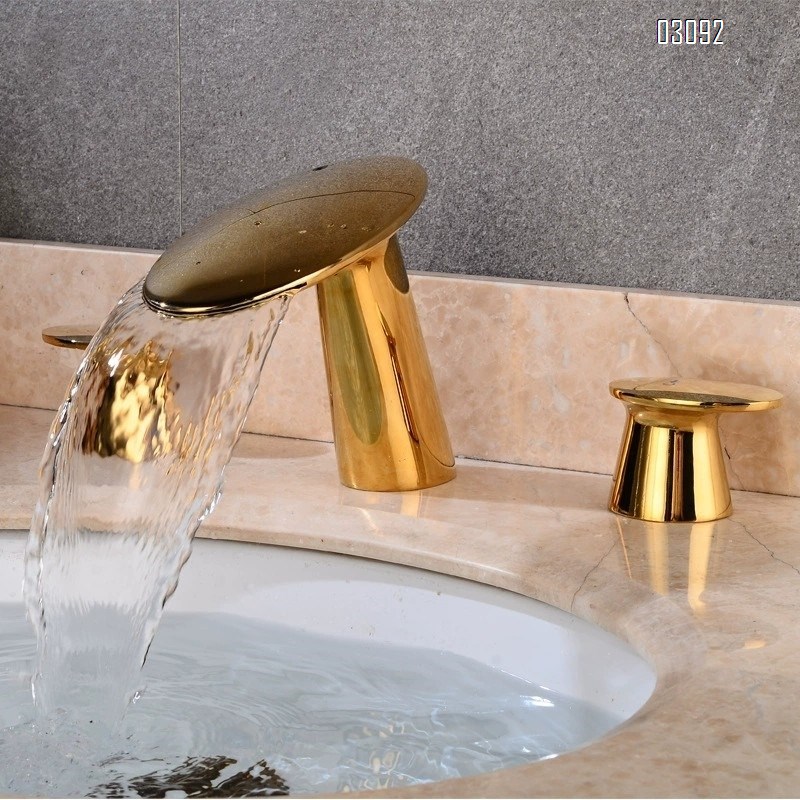 Brass Three-Hole separate basin faucet with 8.3 cm holes in the waterfall style Cold and Hot water bathroom sink Faucets